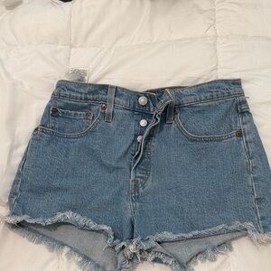 Levi's Light Blue High-Rise Frayed Hem Denim Shorts